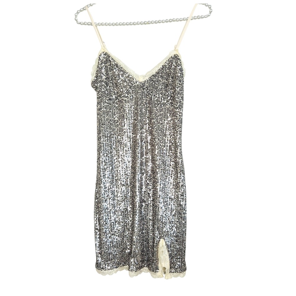 Y2k Sequin Babydoll Slip Dress XS Silver Fairy Mini Lace HOCO Holiday Party Club